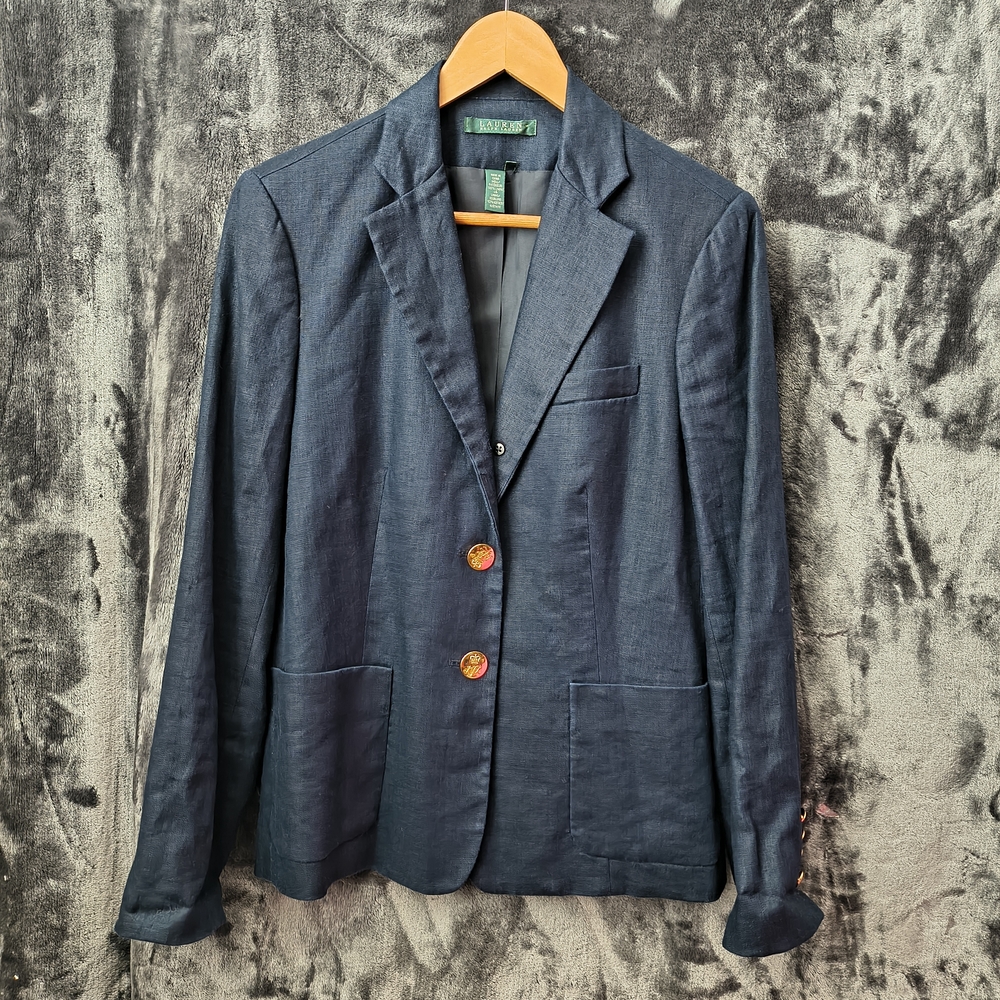 LAUREN Ralph Lauren Navy Linen Blazer with Gold Button Women's 6